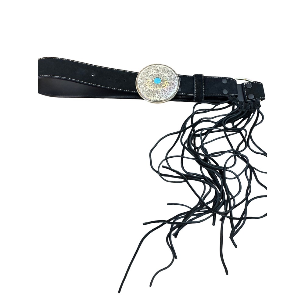 Nocona Black Suede Western Fringe Belt Turquoise Concho 3434001-30 Size 30